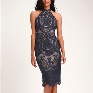 Navy Lace Halter Midi Dress